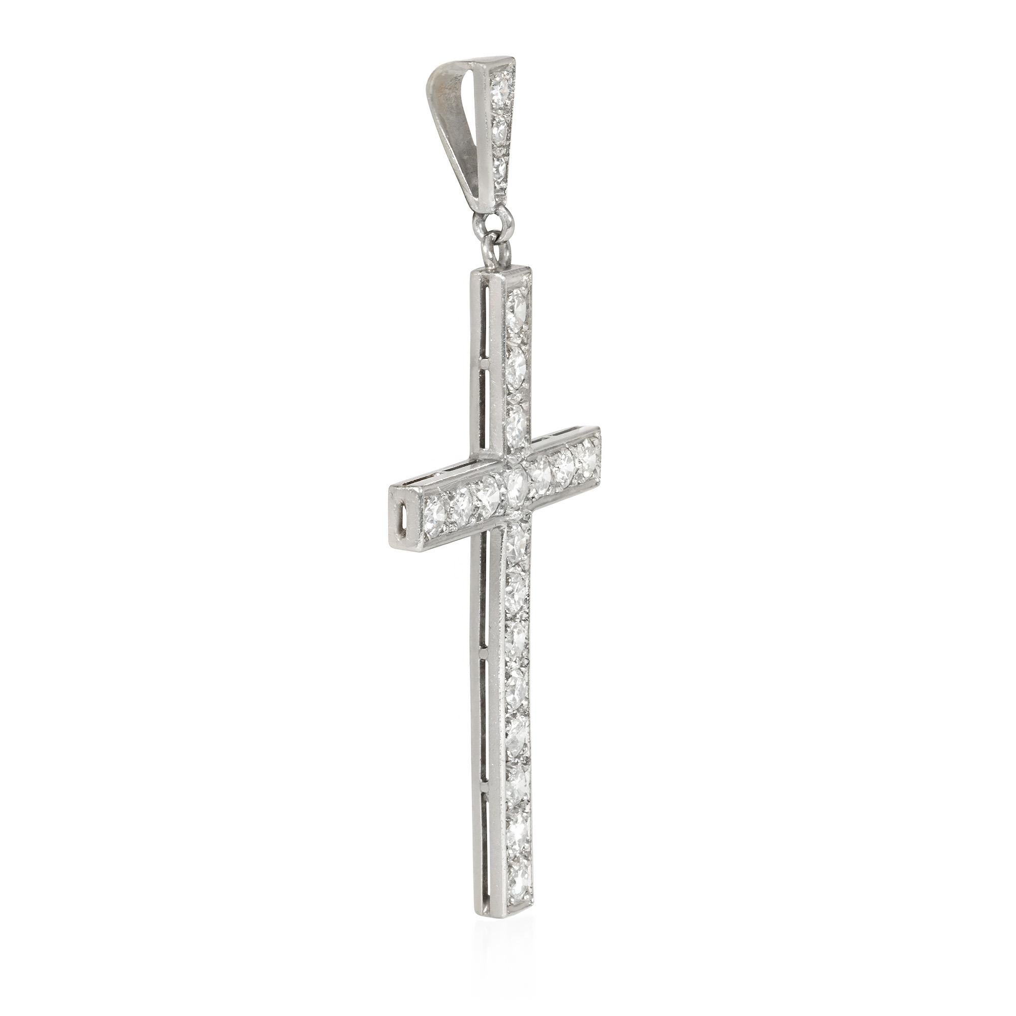 An Art Deco diamond cross pendant with tapered diamond-set bail, in platinum.  Atw diamonds 1.26 cts.  France.  (Chain sold separately)

* Includes letter of authenticity for insurance purposes
* Free shipping
* Please do not hesitate to request