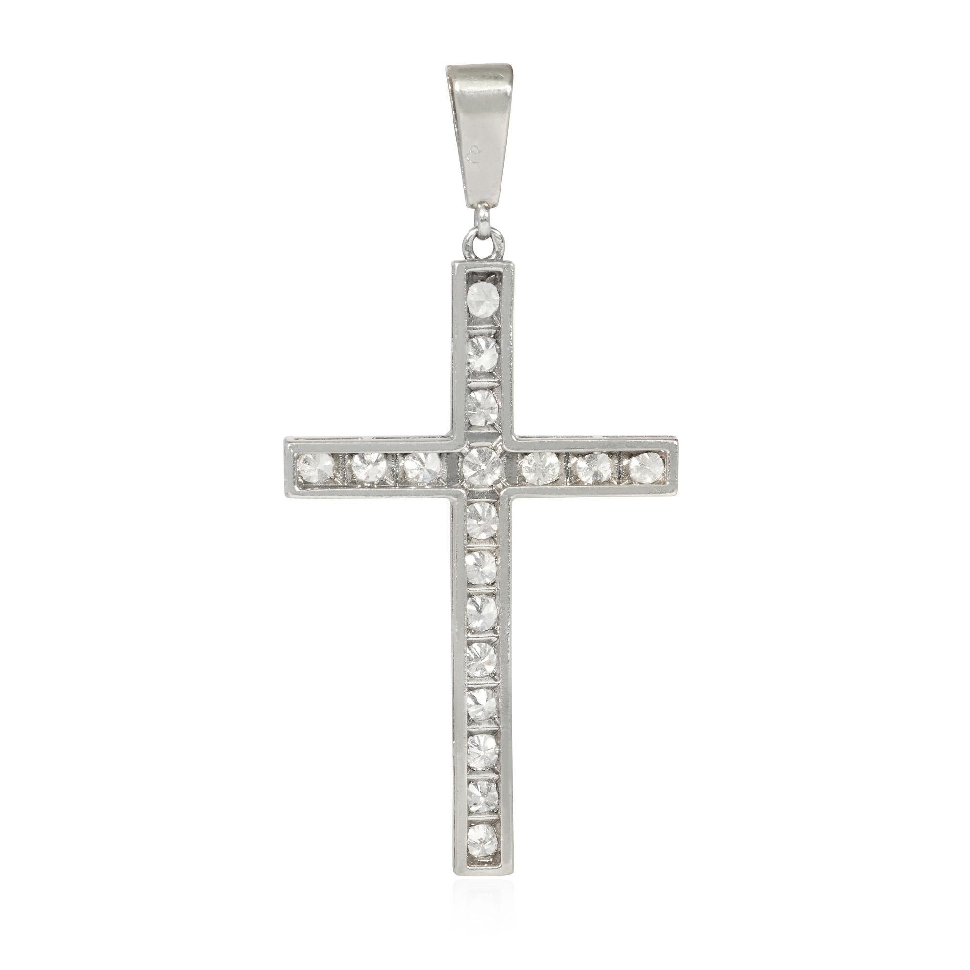 Old European Cut French Art Deco Diamond and Platinum Cross Pendant For Sale