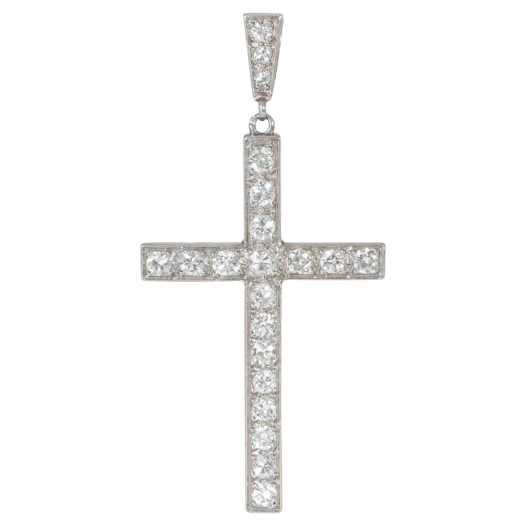 French Art Deco Diamond and Platinum Cross Pendant