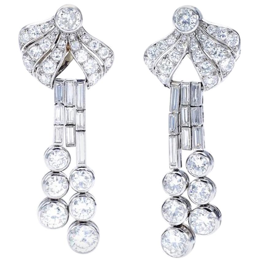 French Art Deco Diamond and Platinum Earrings Ear Pendants For Sale