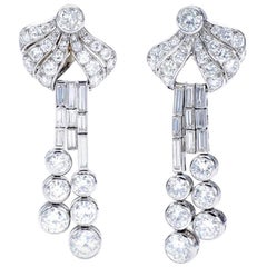 French Art Deco Diamond and Platinum Earrings Ear Pendants