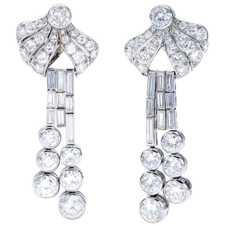 French Art Deco Diamond and Platinum Earrings Ear Pendants For Sale at 1stDibs