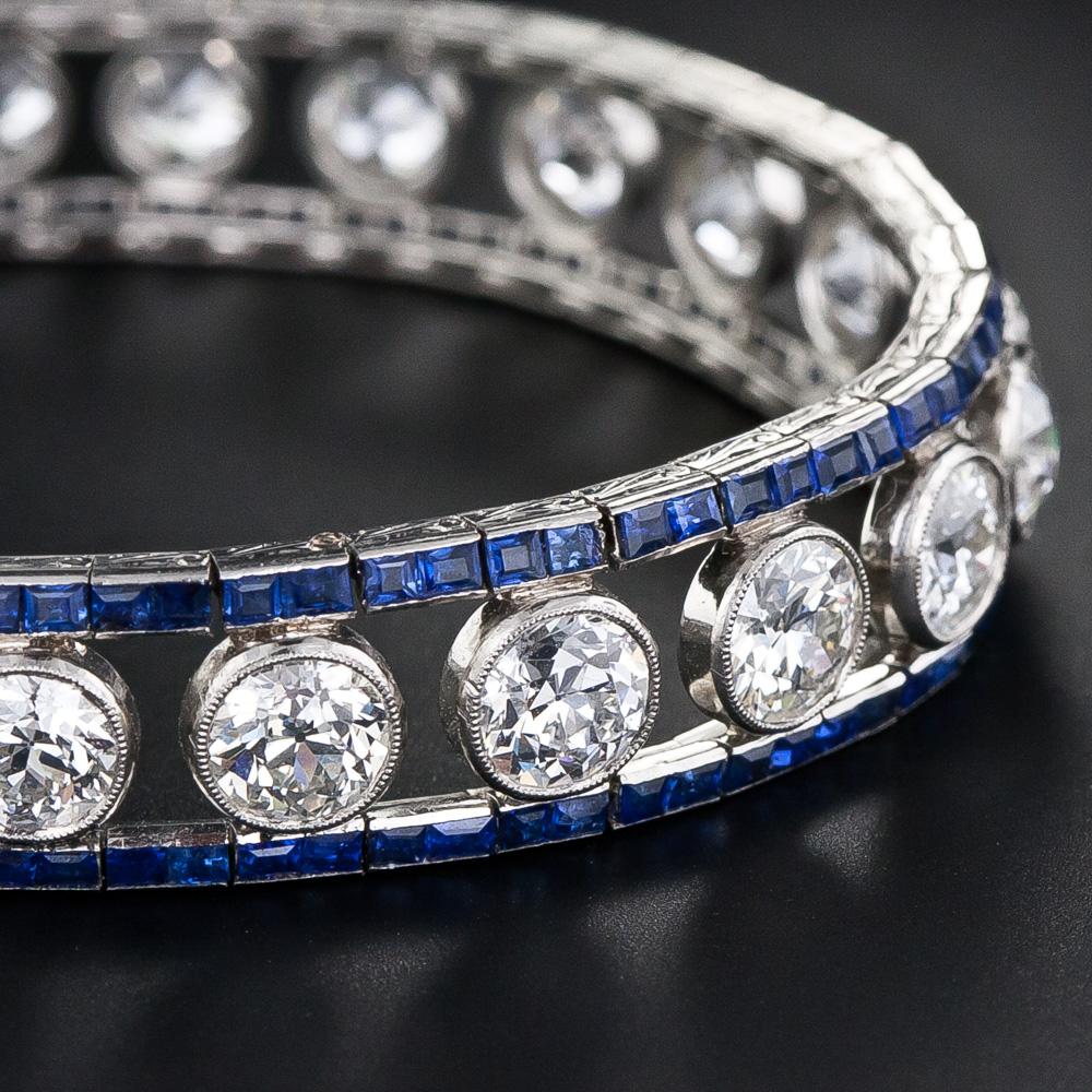 Old European Cut French Art Deco Diamond and Sapphire Bracelet For Sale