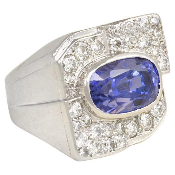 French Art Deco Diamond and Sapphire Cocktail Ring of Geometric Design