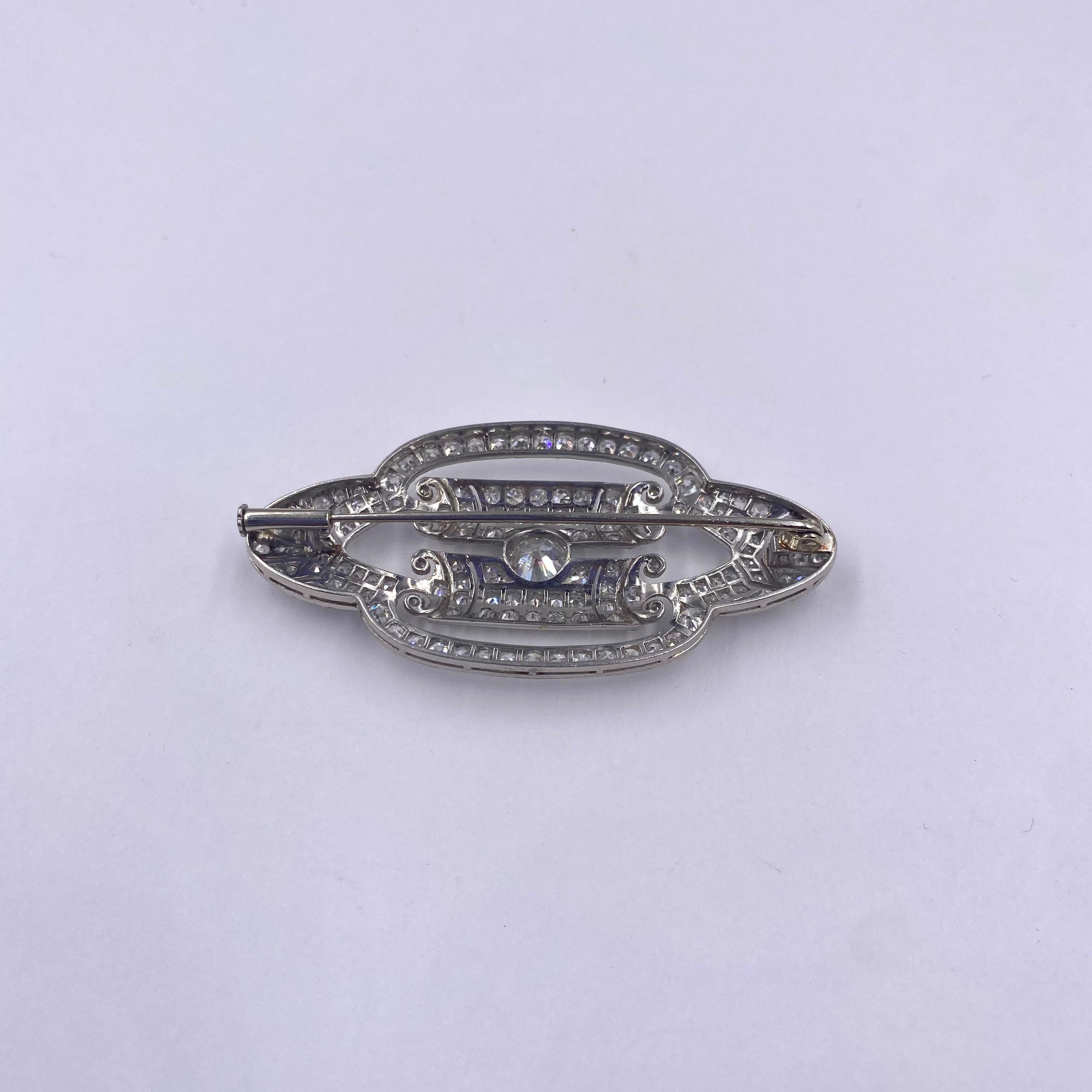 Old European Cut French Art Deco Diamond Brooch, circa 1920 For Sale