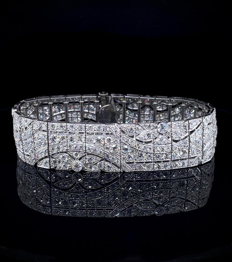 Old European Cut French Art Deco Diamond 'ca. 20 carats' Panel Bracelet, ca. 1920s For Sale
