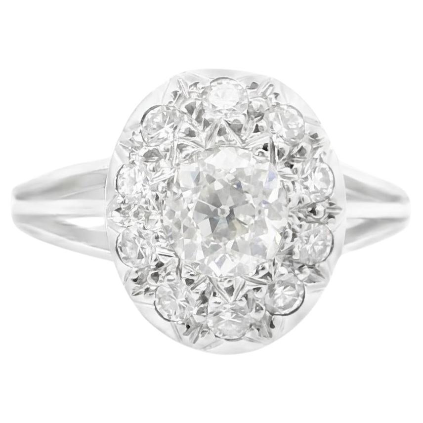 French Art Deco Diamond Cluster Ring in 18k White Gold (1.15 cts)