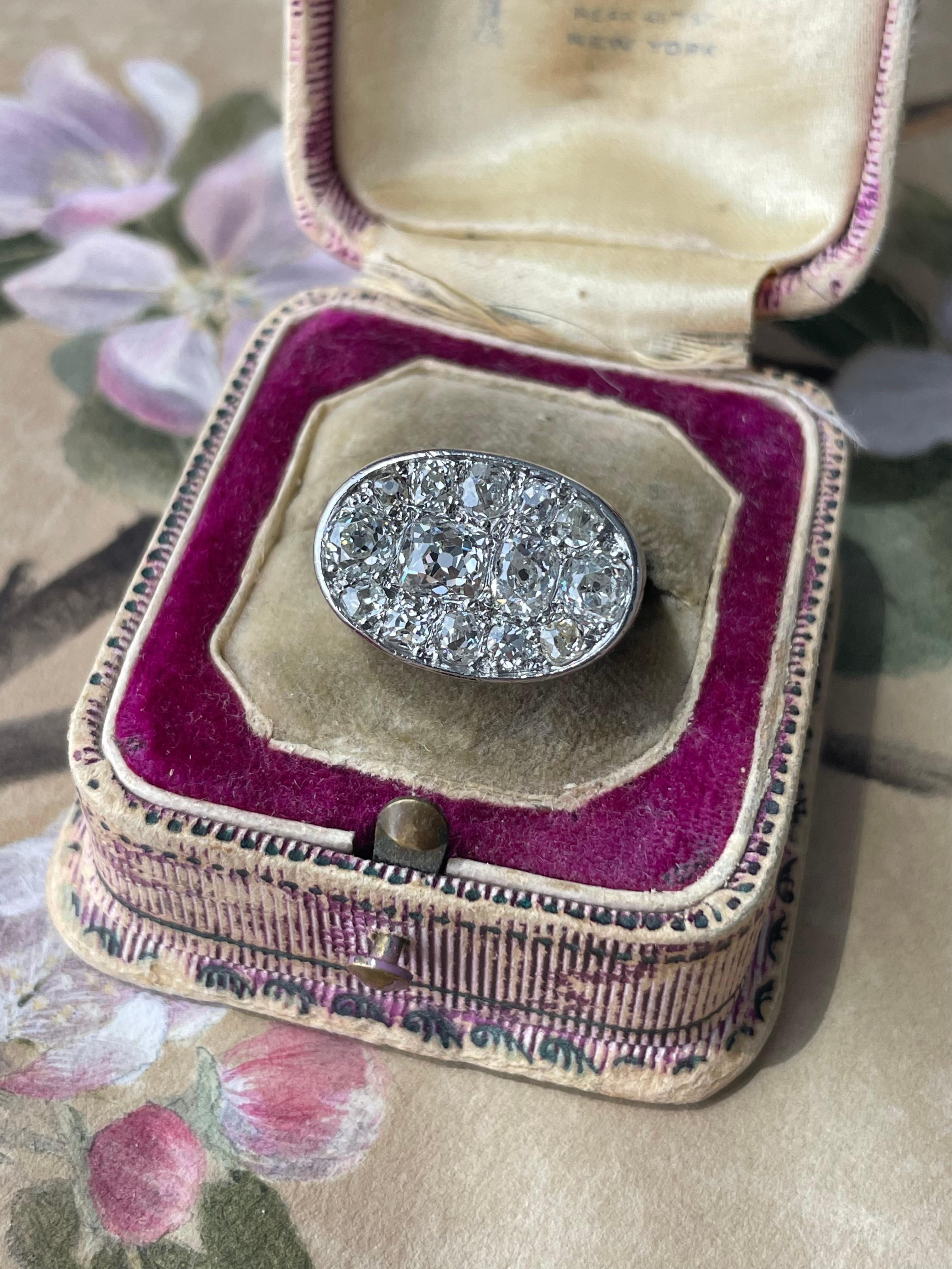 Dating from the peak of the Art Deco era in France, this dazzling cobblestone ring blazes with 2.20 carats of tightly packed mine-cut diamonds. Hand fabricated in 18k white gold and platinum. Signed. Currently a ring size 5.5



Diamonds: estimated