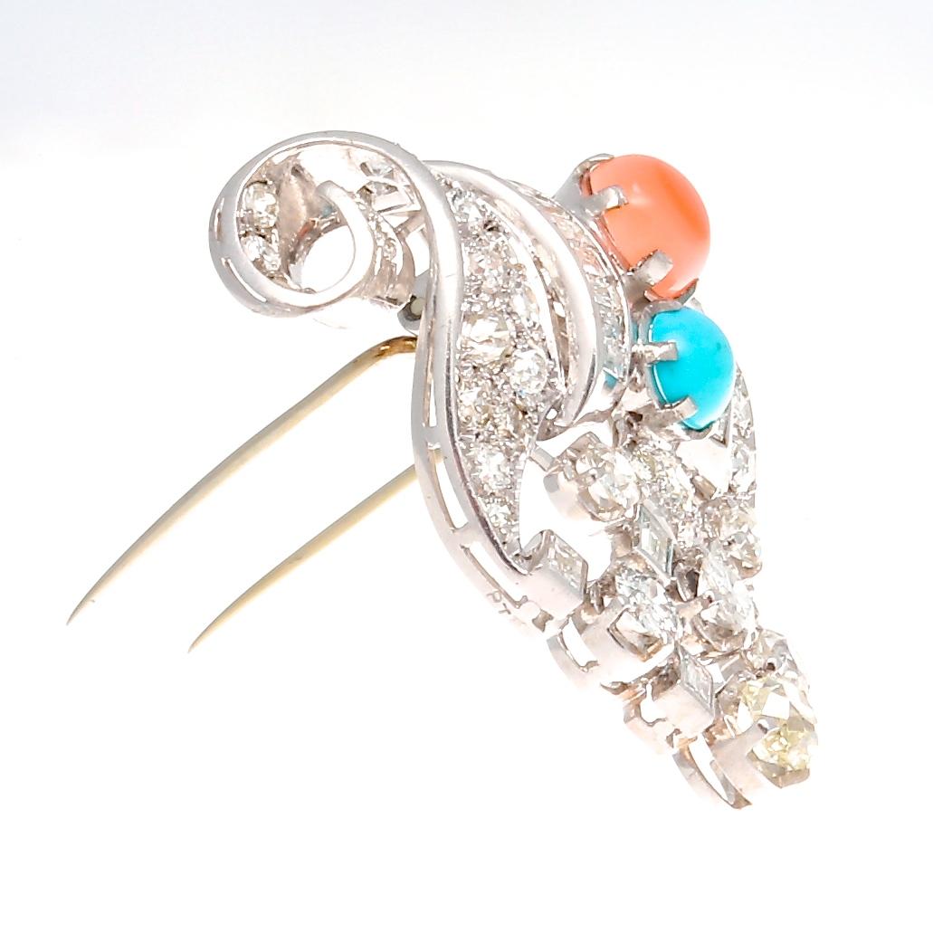 Old European Cut French Art Deco Diamond Coral Turquoise Platinum Brooch