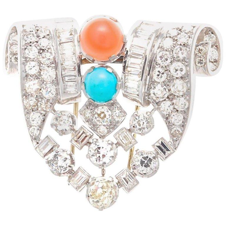 French Art Deco Diamond Coral Turquoise Platinum Brooch In Excellent Condition In Beverly Hills, CA