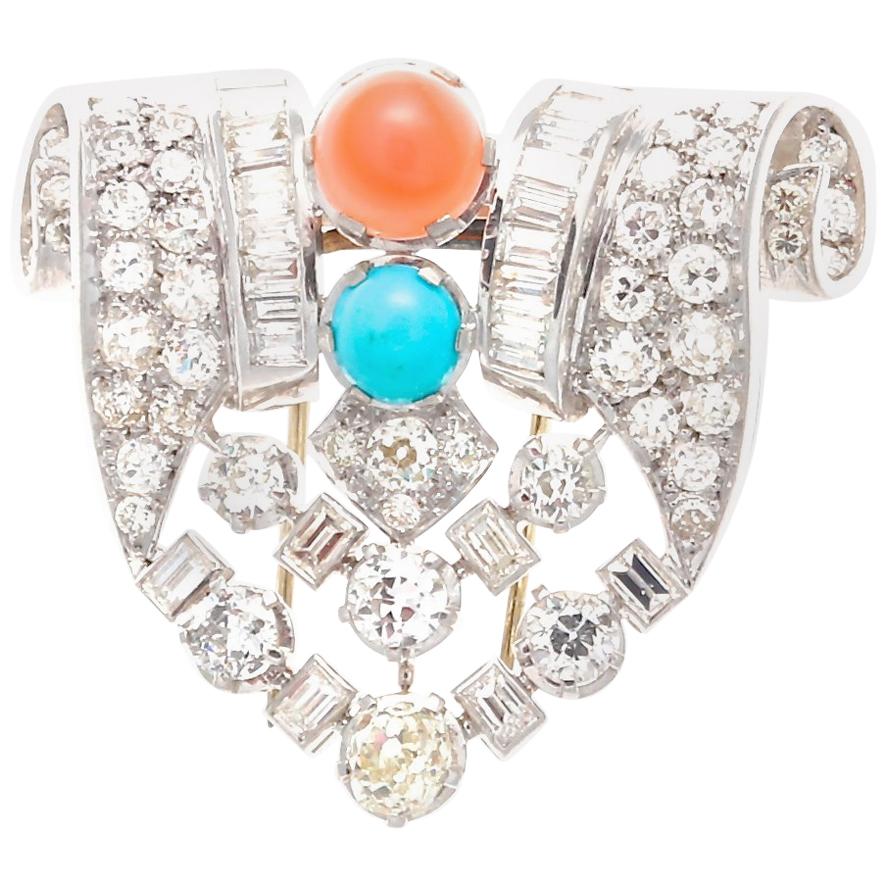 French Art Deco Diamond Coral Turquoise Platinum Brooch