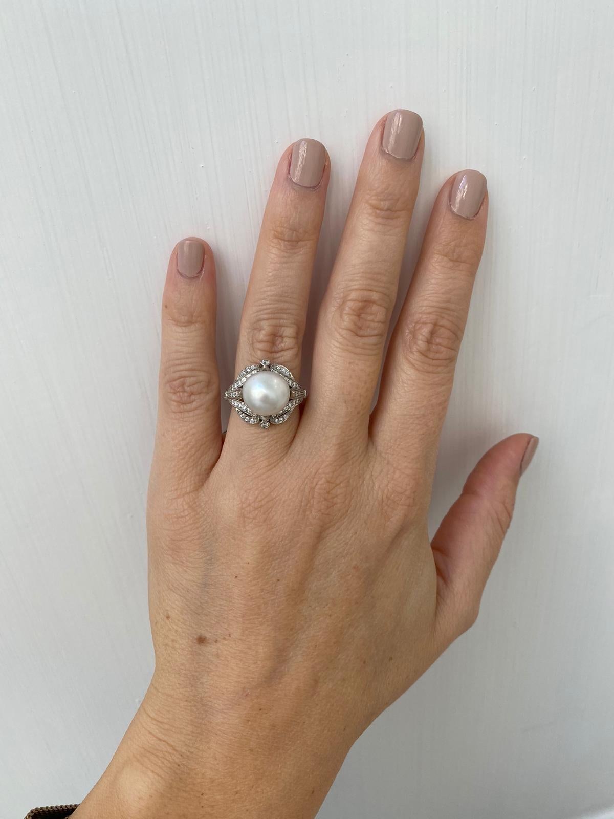 French Art Deco Diamond Keshi Pearl Platinum Engagement Ring 4