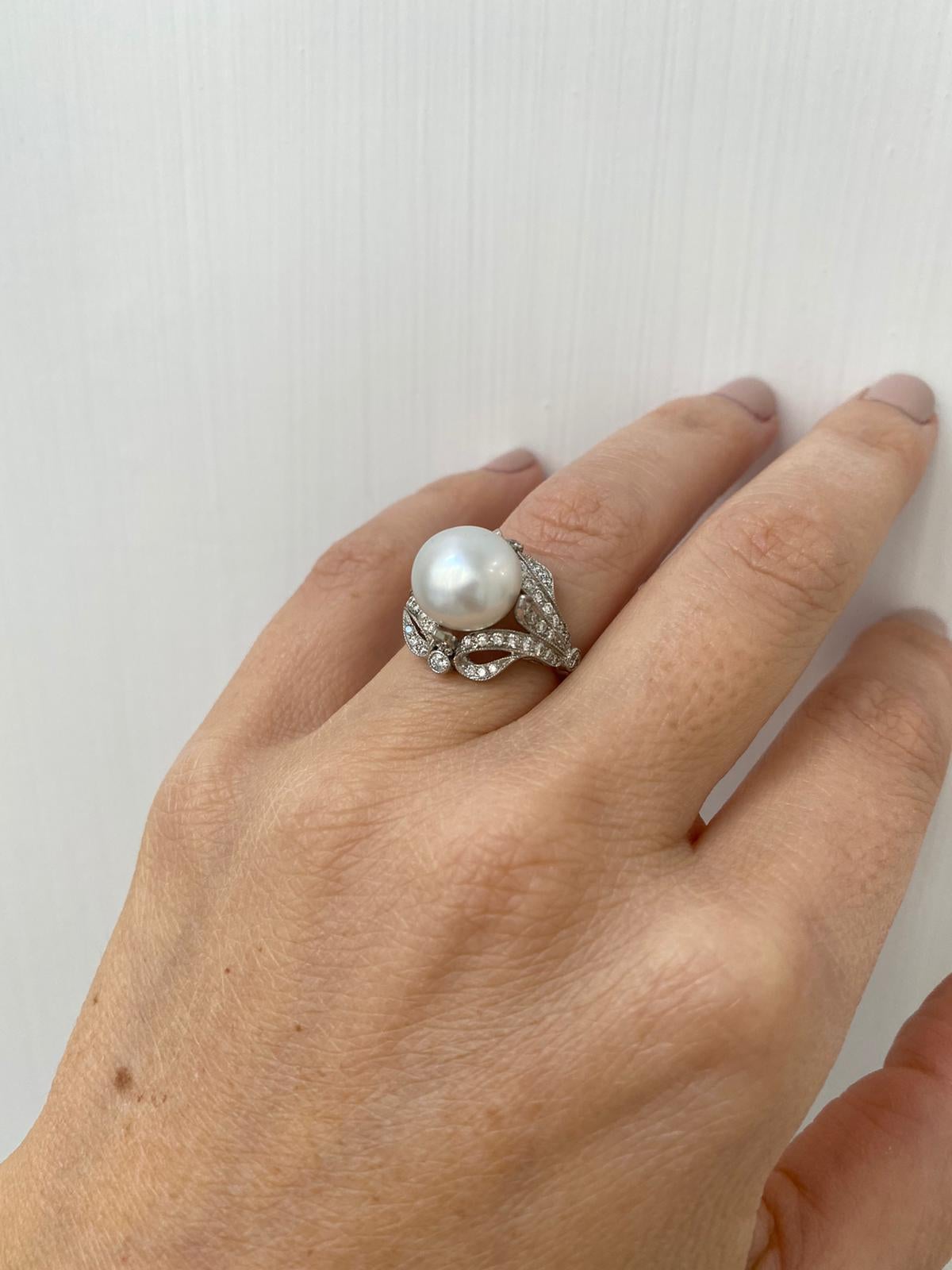 French Art Deco Diamond Keshi Pearl Platinum Engagement Ring 5