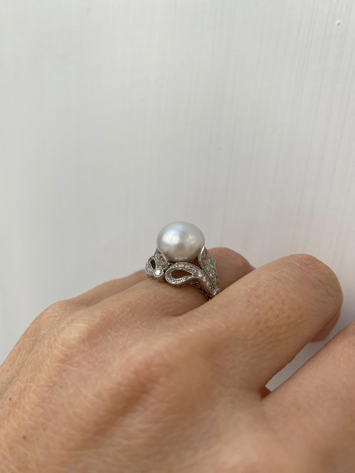 French Art Deco Diamond Keshi Pearl Platinum Engagement Ring 6