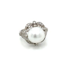 French Art Deco Diamond Keshi Pearl Platinum Engagement Ring