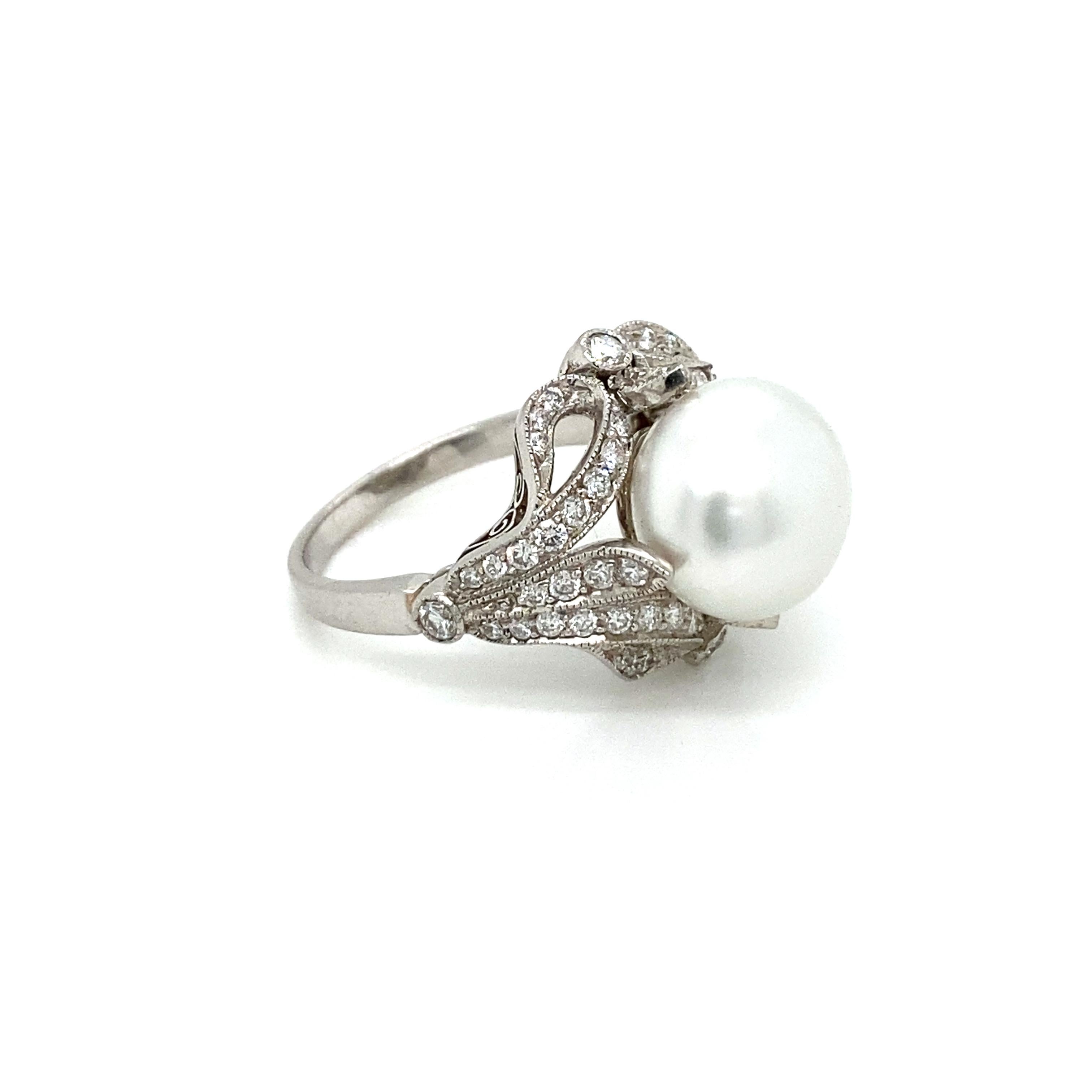 Round Cut French Art Deco Diamond Keshi Pearl Platinum Engagement Ring