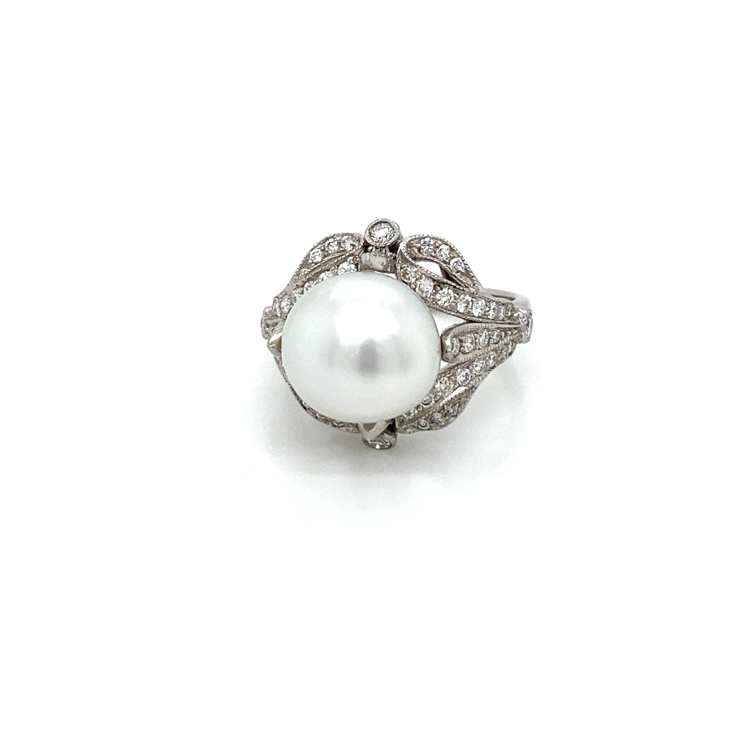 Women's French Art Deco Diamond Keshi Pearl Platinum Engagement Ring