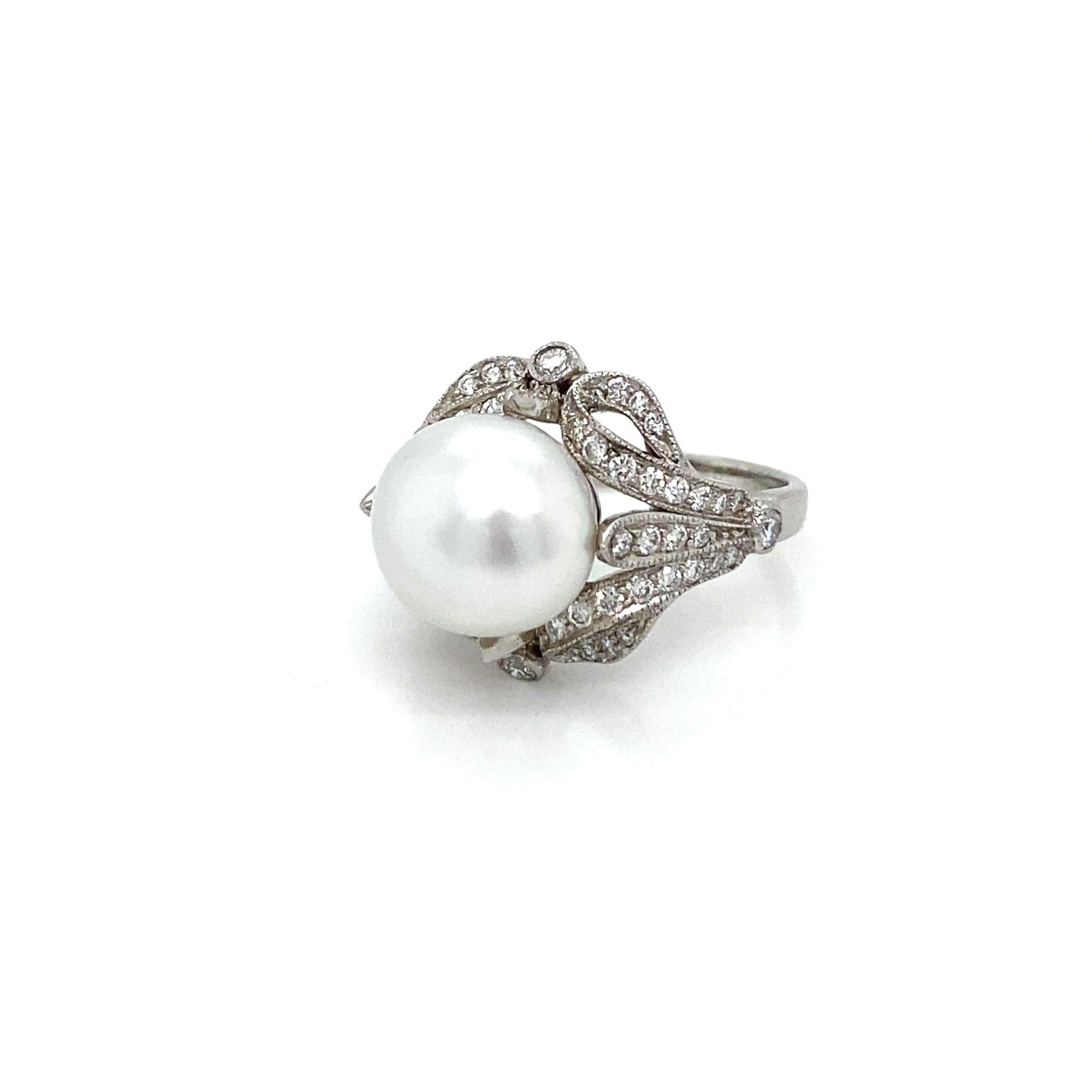 French Art Deco Diamond Keshi Pearl Platinum Engagement Ring 1