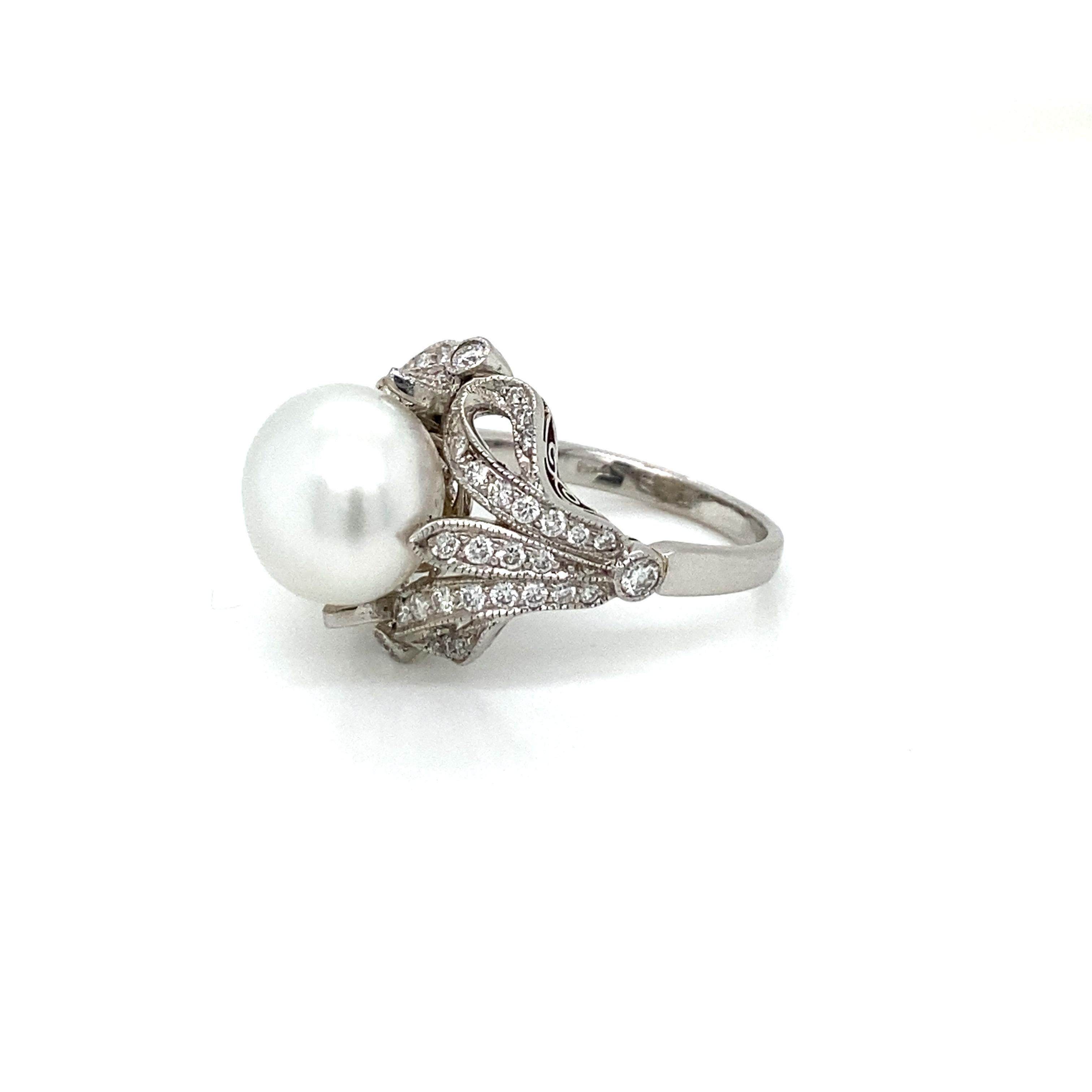 French Art Deco Diamond Keshi Pearl Platinum Engagement Ring 2