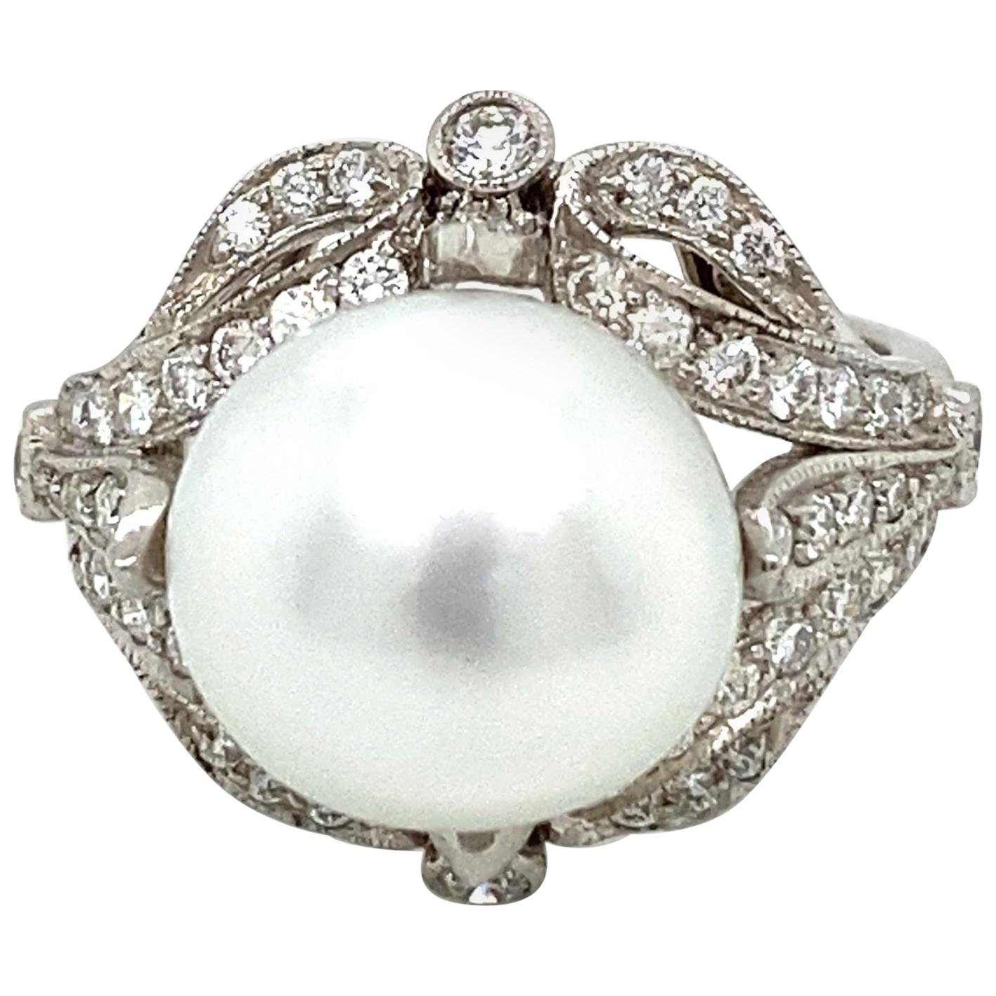 French Art Deco Diamond Keshi Pearl Platinum Engagement Ring