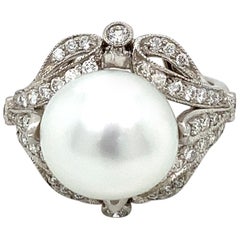 Vintage French Art Deco Diamond Keshi Pearl Platinum Engagement Ring