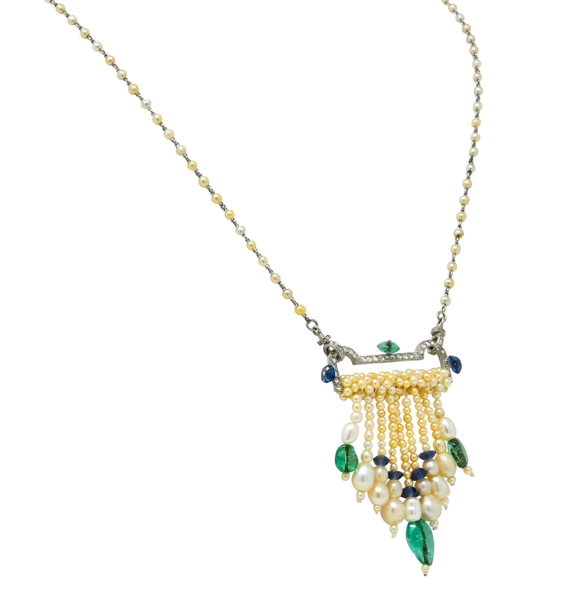 Rose Cut French Art Deco Diamond Natural Pearl Emerald Sapphire Platinum Sautoir Necklace
