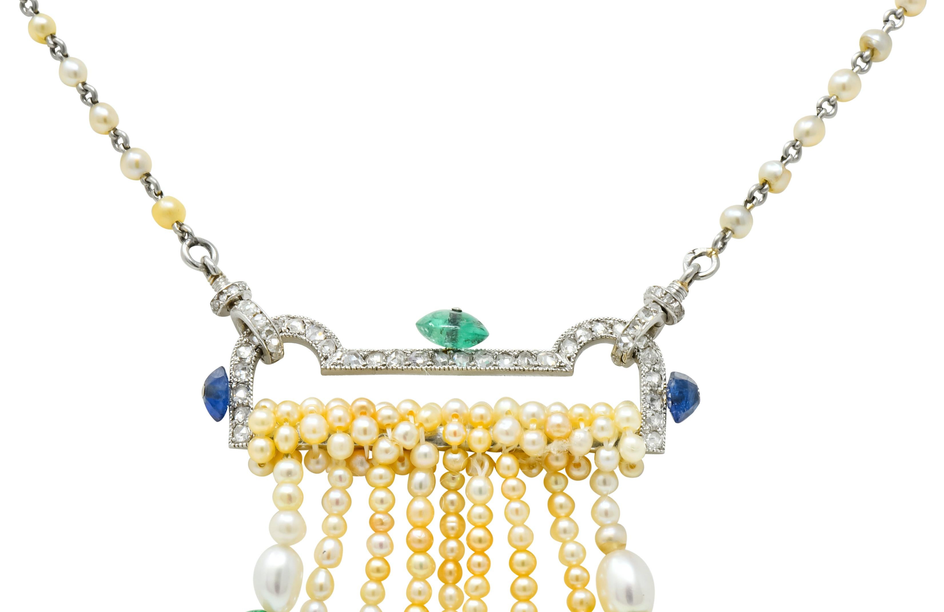 Women's or Men's French Art Deco Diamond Natural Pearl Emerald Sapphire Platinum Sautoir Necklace