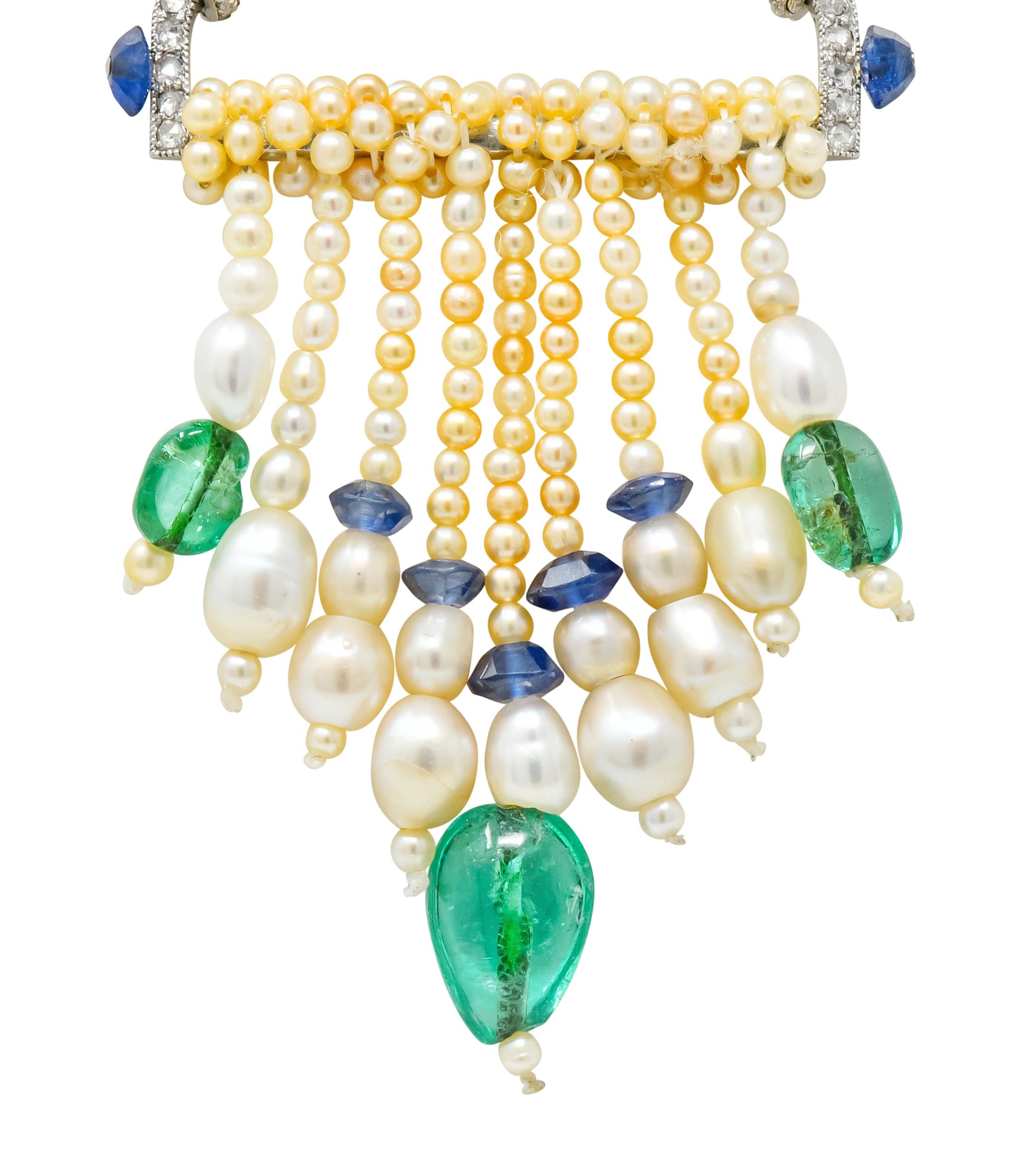 French Art Deco Diamond Natural Pearl Emerald Sapphire Platinum Sautoir Necklace 1