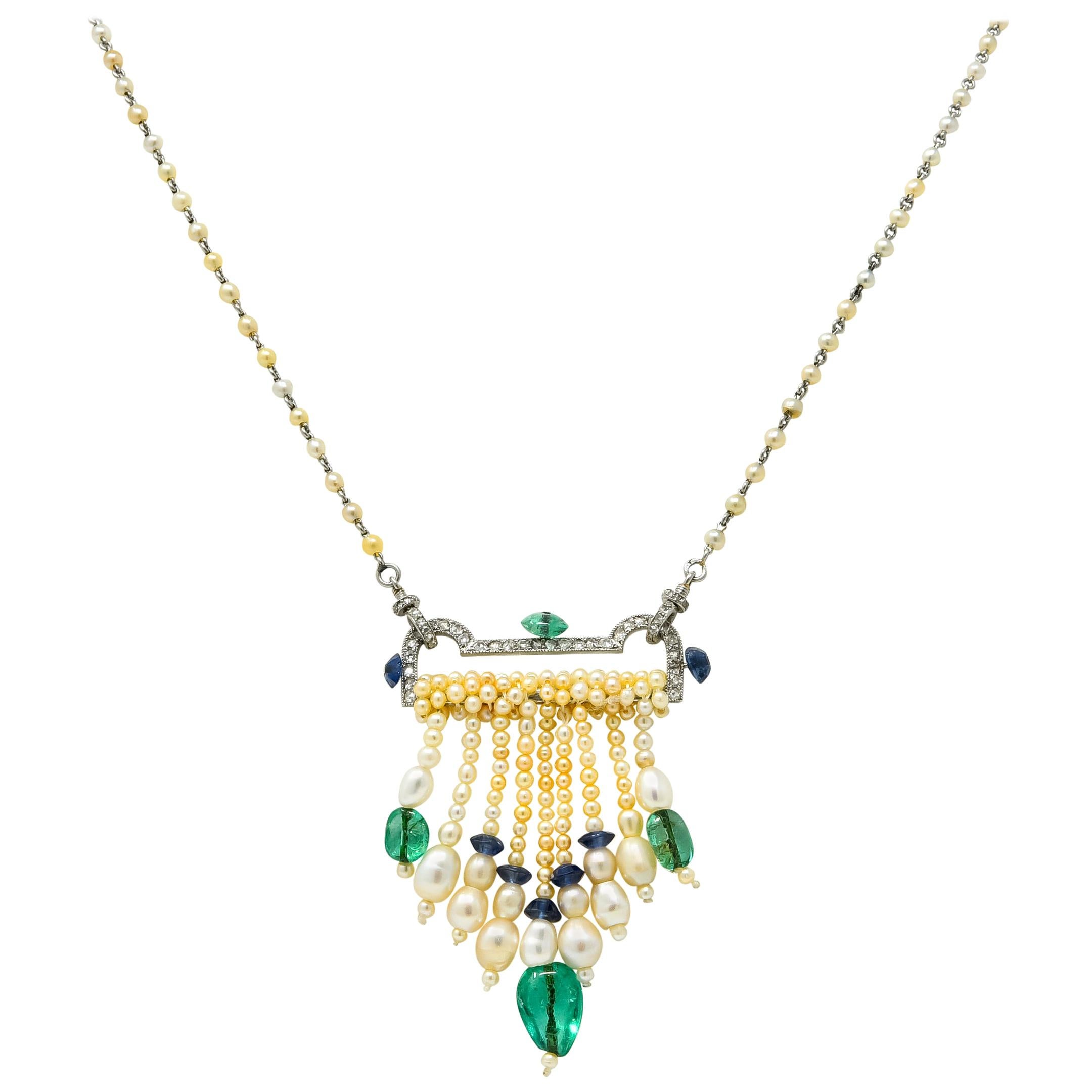 French Art Deco Diamond Natural Pearl Emerald Sapphire Platinum Sautoir Necklace