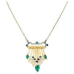 Antique French Art Deco Diamond Natural Pearl Emerald Sapphire Platinum Sautoir Necklace