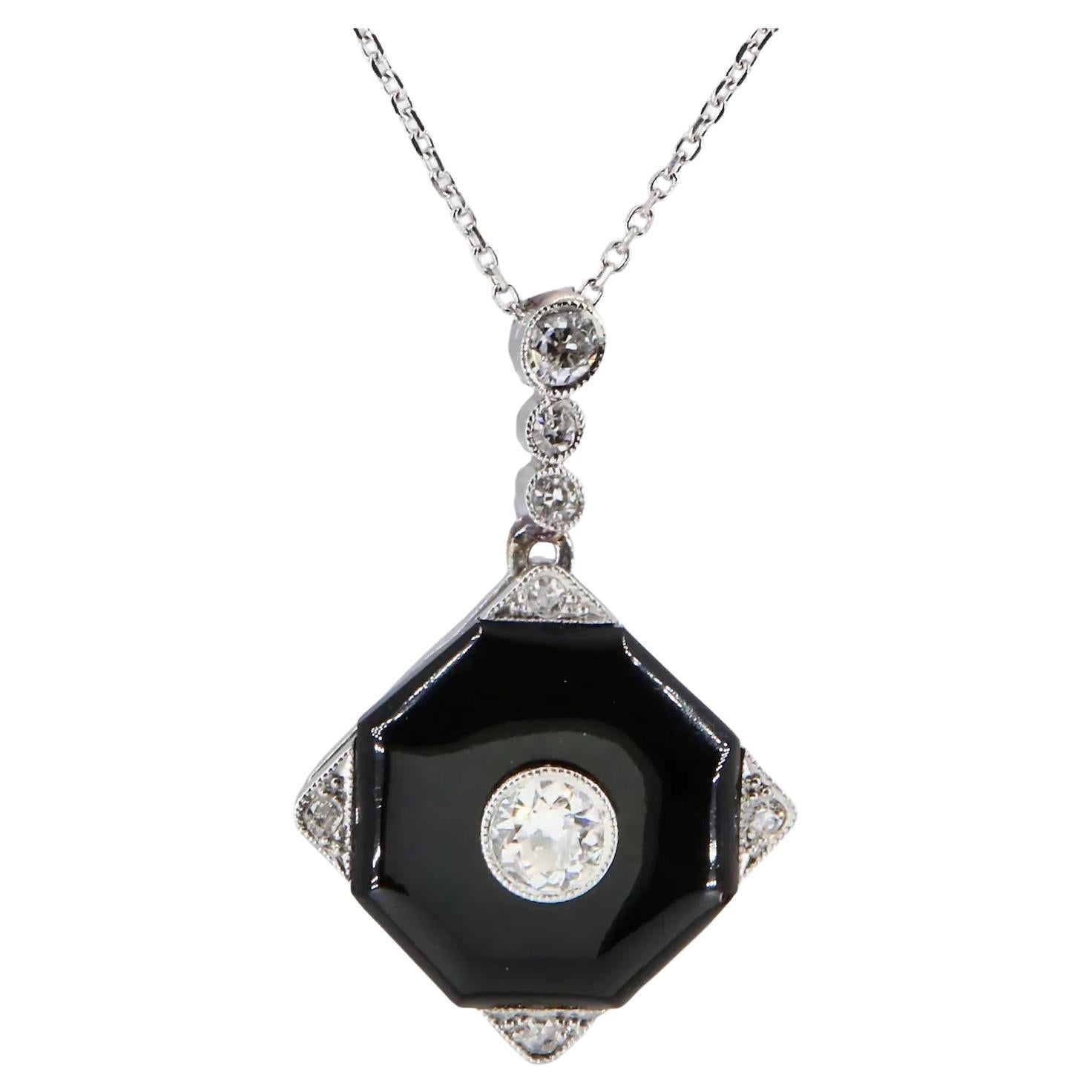 French Art Deco Diamond and Onyx Pendant Necklace in Platinum Circa ...