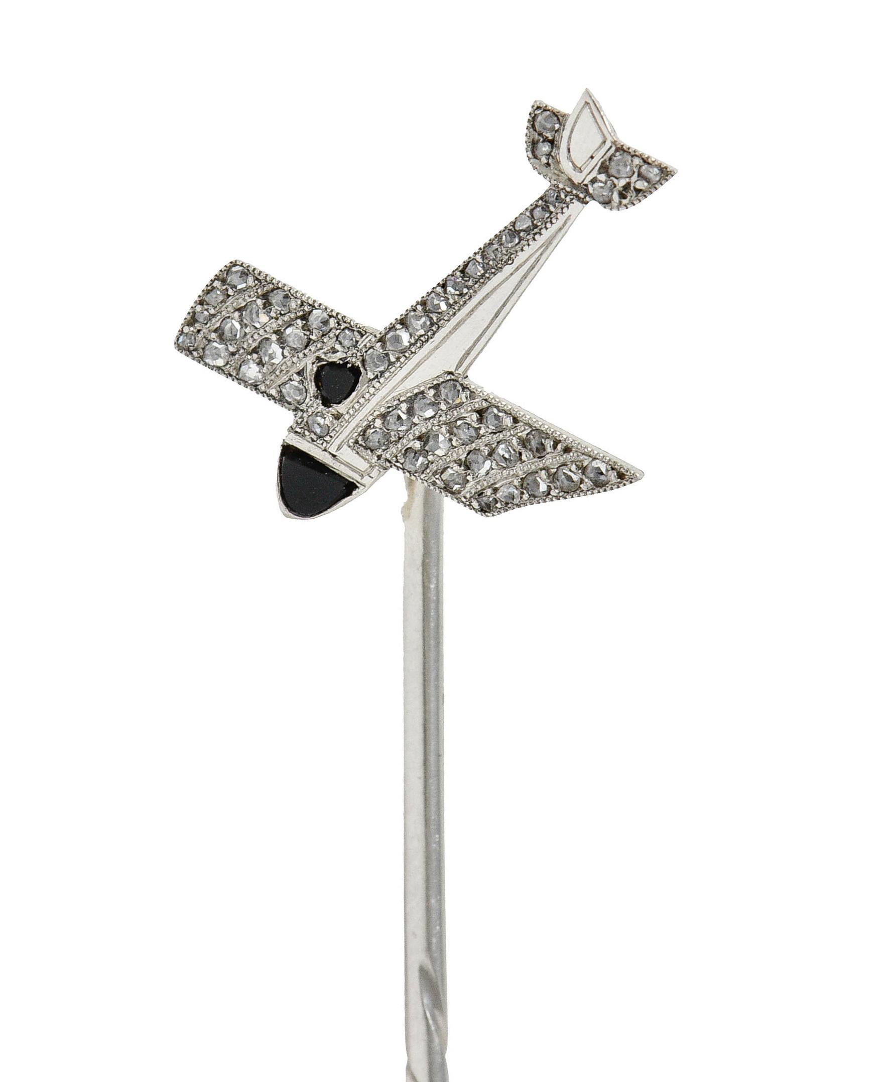 French Art Deco Diamond Onyx Platinum Airplane Stickpin 1