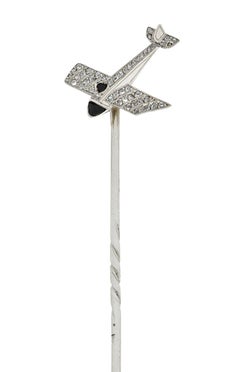 French Art Deco Diamond Onyx Platinum Airplane Stickpin