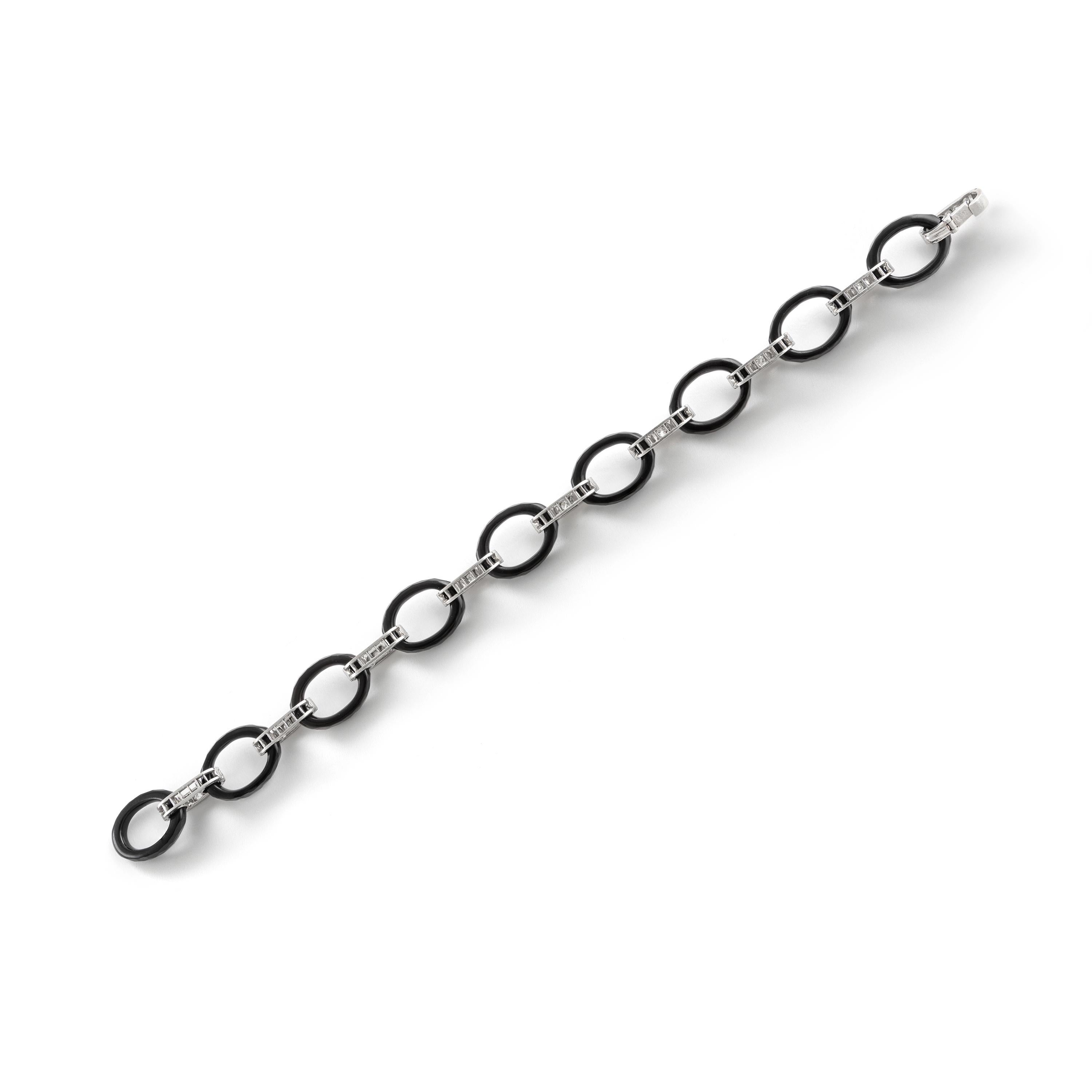 Old Mine Cut French Art Deco Diamond Onyx Platinum Bracelet For Sale