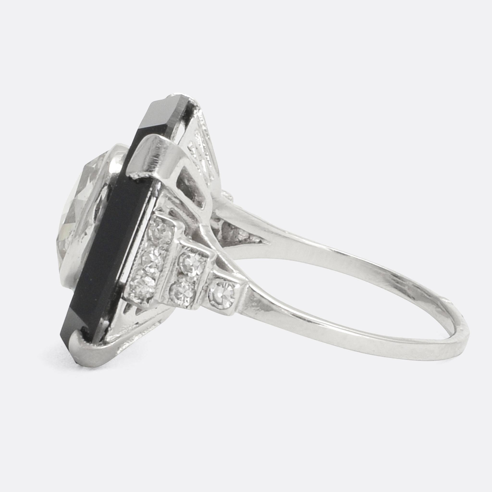 French Art Deco Diamond Onyx Platinum Cocktail Ring In Excellent Condition In Sale, Cheshire