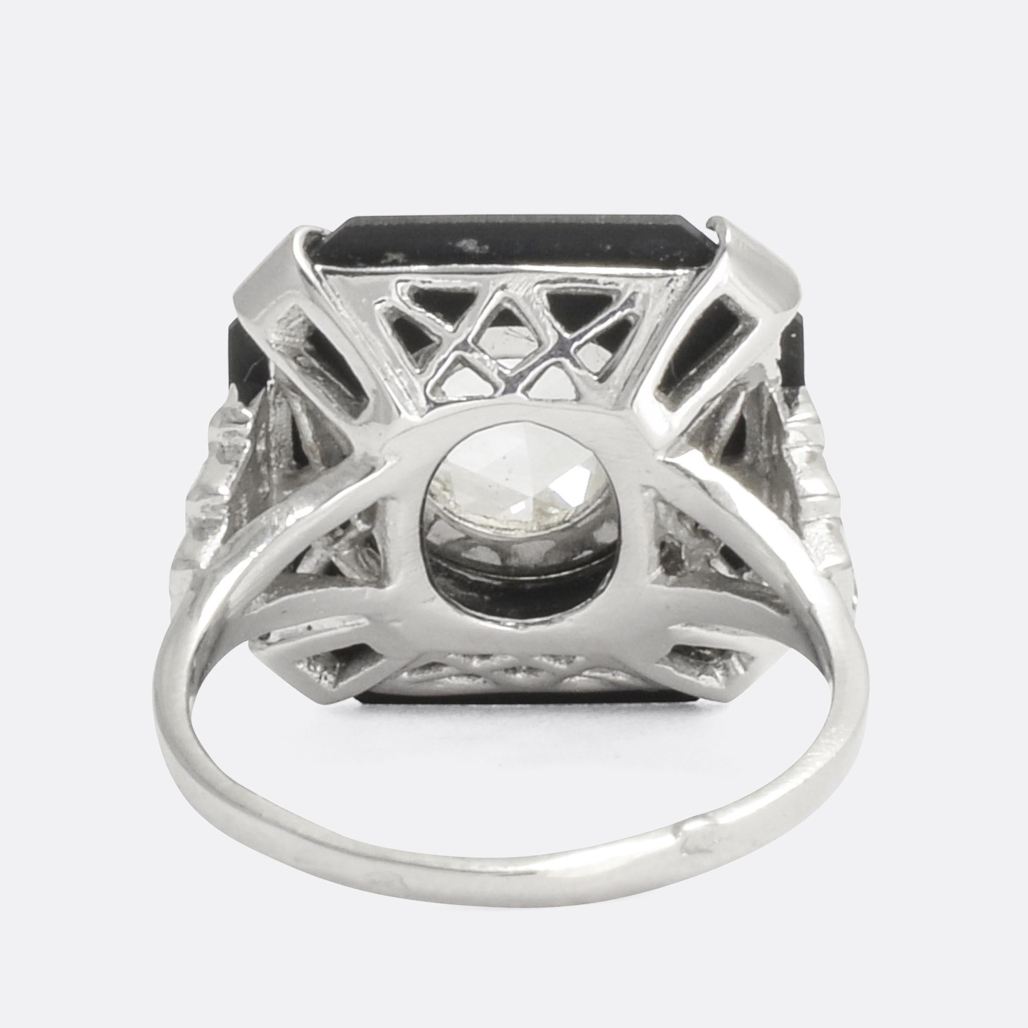 Women's French Art Deco Diamond Onyx Platinum Cocktail Ring