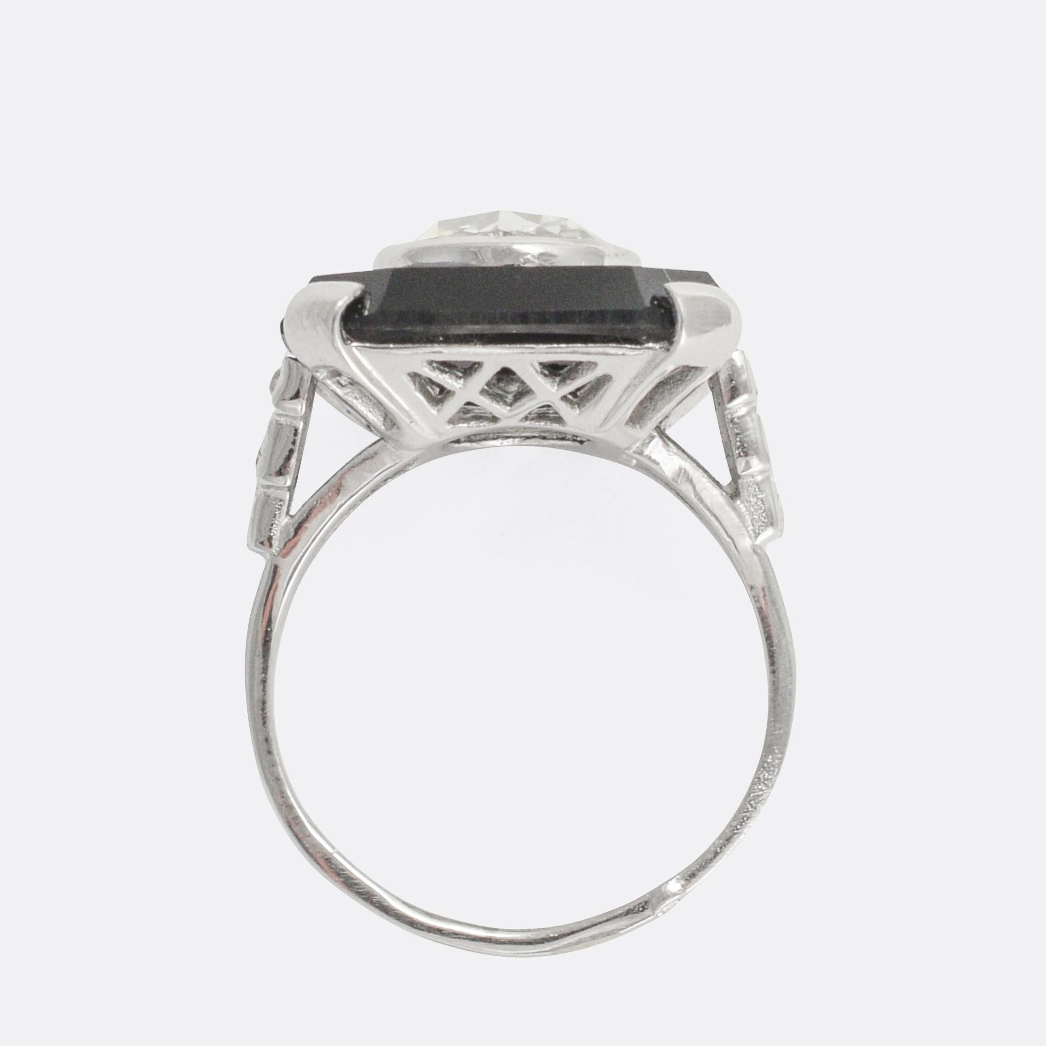 French Art Deco Diamond Onyx Platinum Cocktail Ring 1