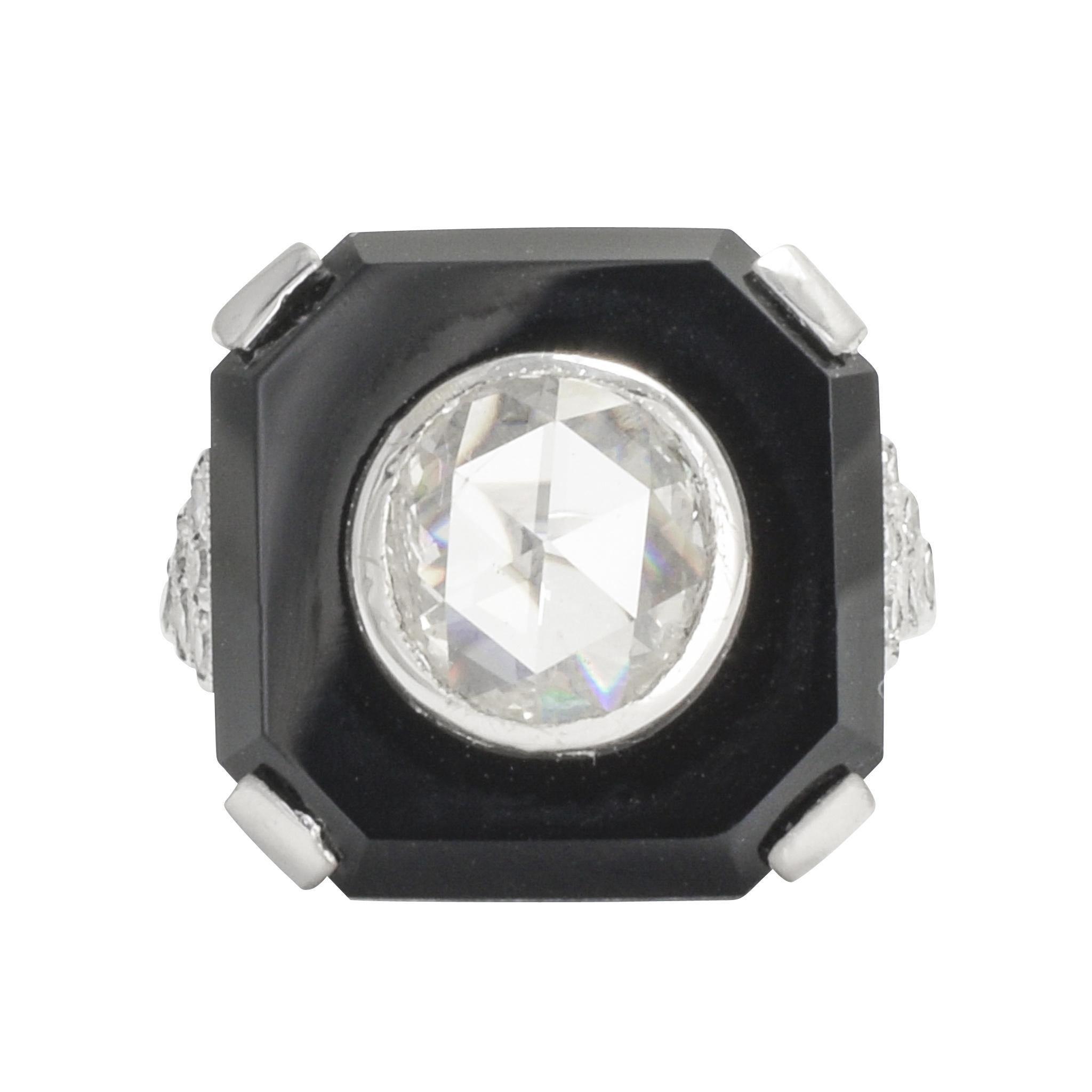 French Art Deco Diamond Onyx Platinum Cocktail Ring