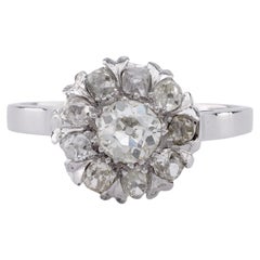French Art Deco Diamond Platinum 18K White Gold Cluster Ring