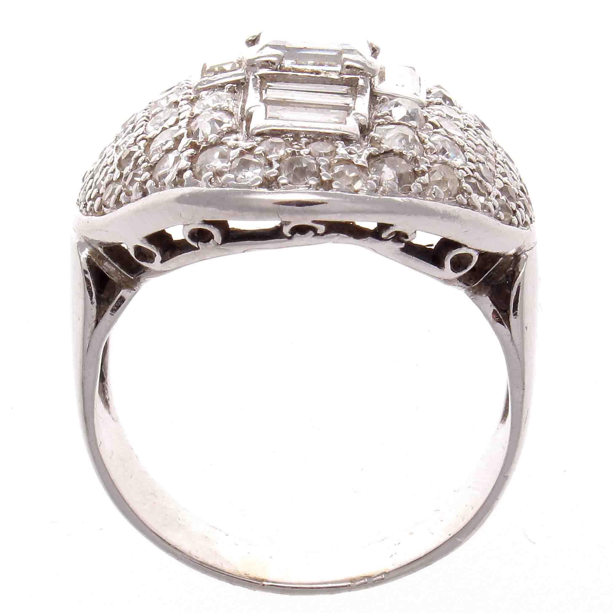 French Art Deco Diamond Platinum Cocktail Ring In Excellent Condition In Beverly Hills, CA