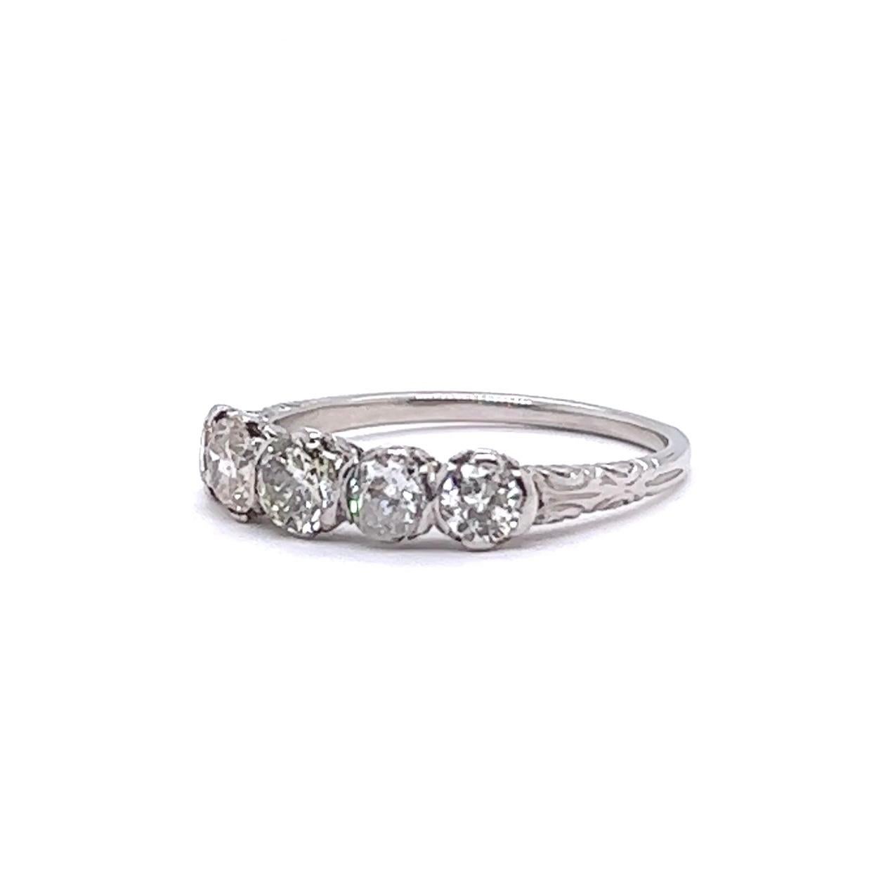 French Art Deco Diamond Platinum Five Stone Ring In Excellent Condition In Beverly Hills, CA