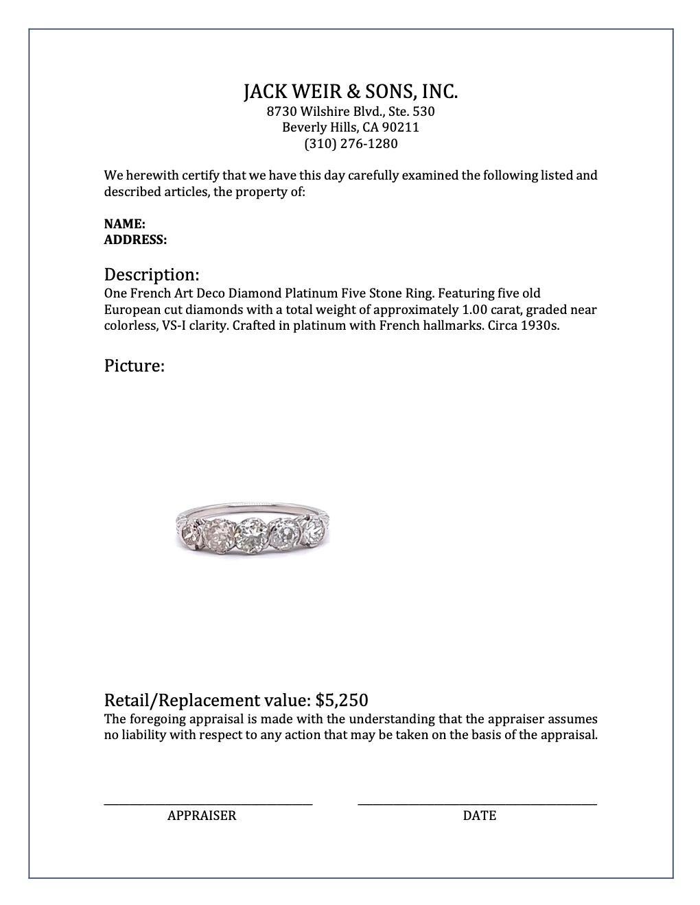 French Art Deco Diamond Platinum Five Stone Ring 1