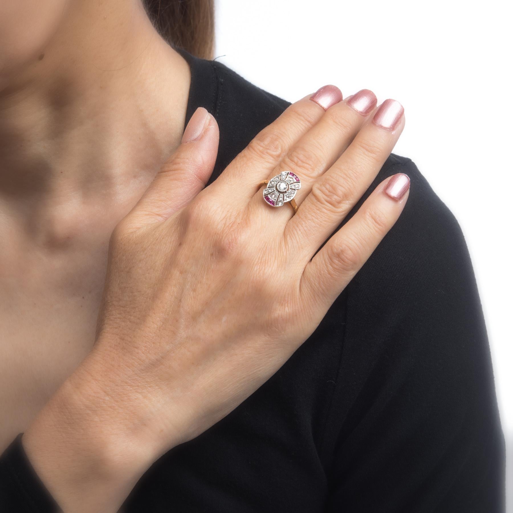 Women's French Art Deco Diamond Ruby Ring Antique 18k Gold Platinum Vintage Fine Jewelry