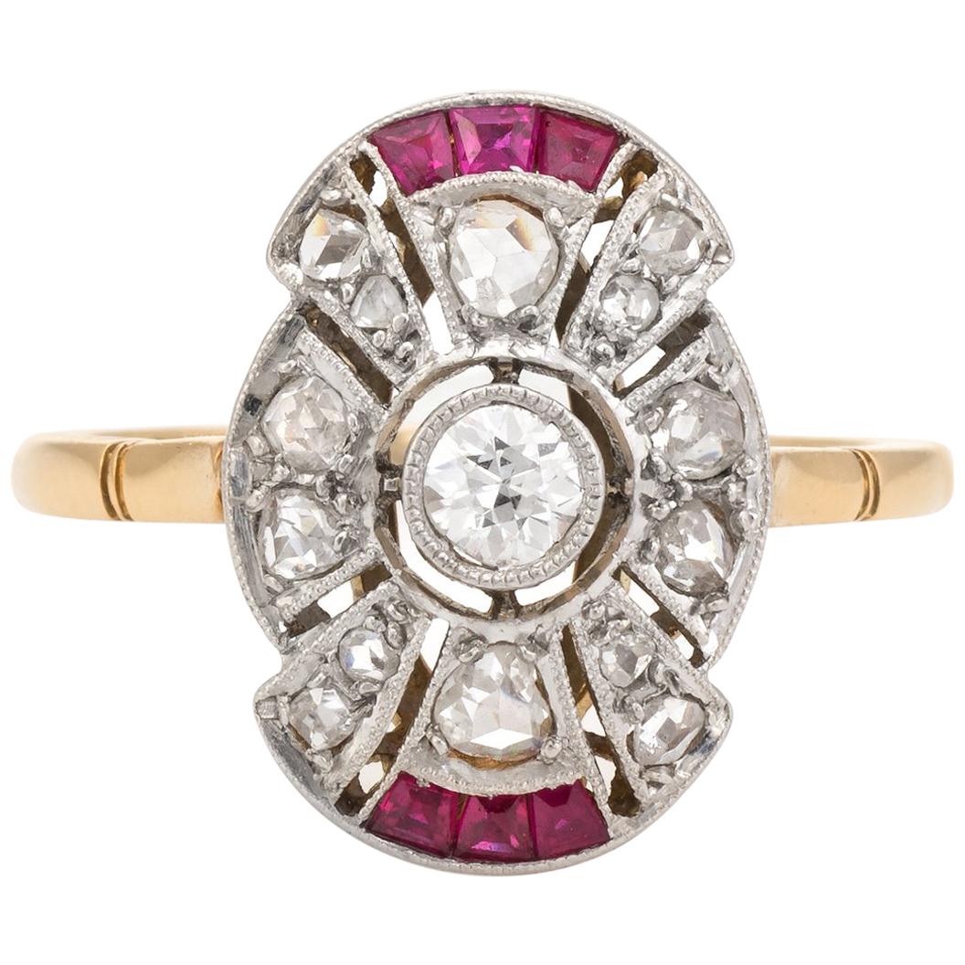French Art Deco Diamond Ruby Ring Antique 18k Gold Platinum Vintage Fine Jewelry