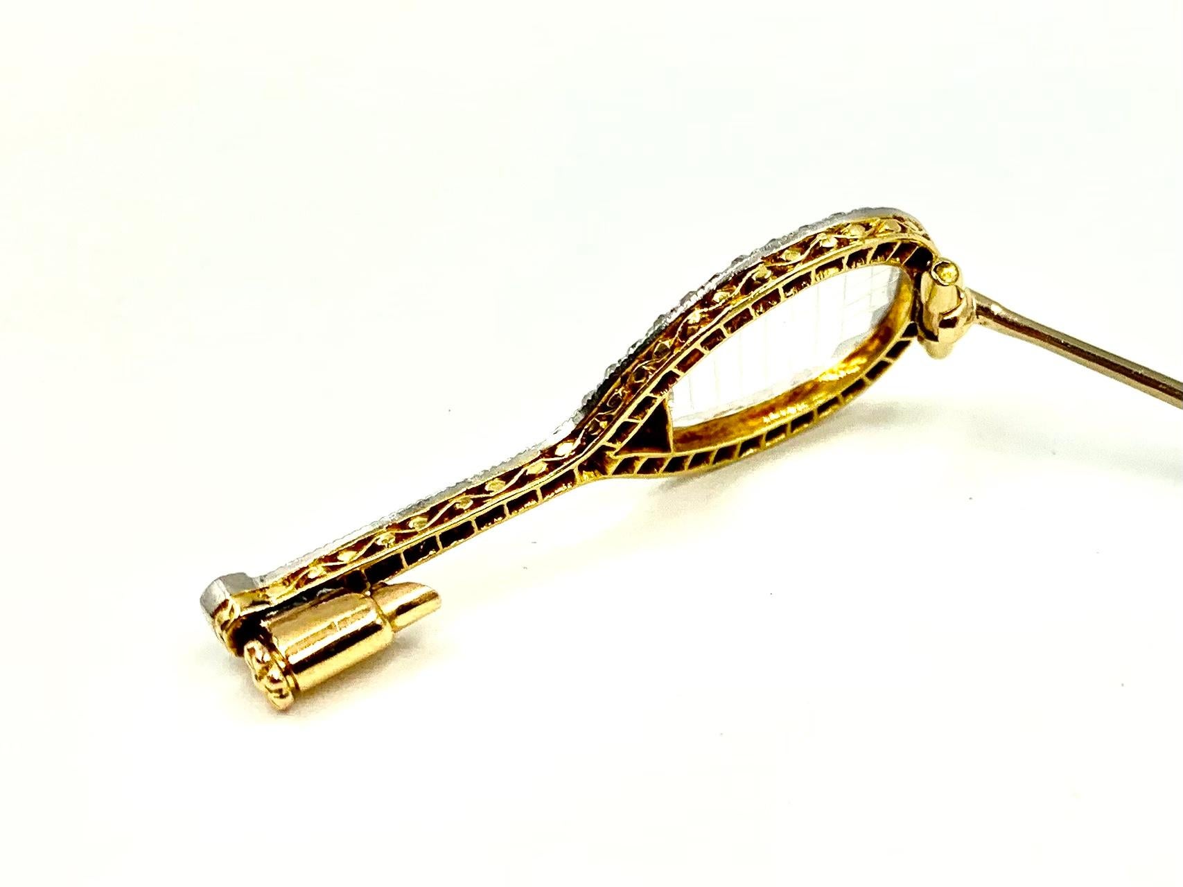 French Art Deco Diamond Ruby Rock Crystal Platinum 18KGold Tennis Racquet Brooch For Sale 6