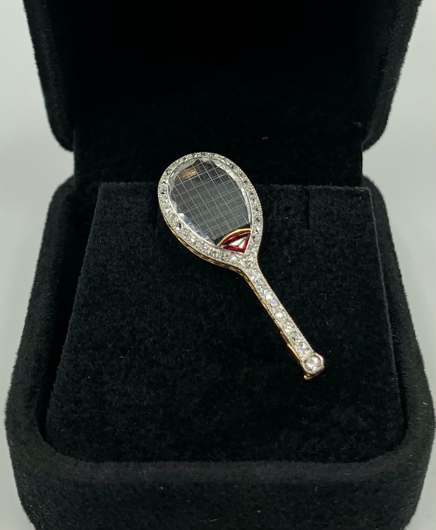 French Art Deco Diamond Ruby Rock Crystal Platinum 18KGold Tennis Racquet Brooch For Sale 7