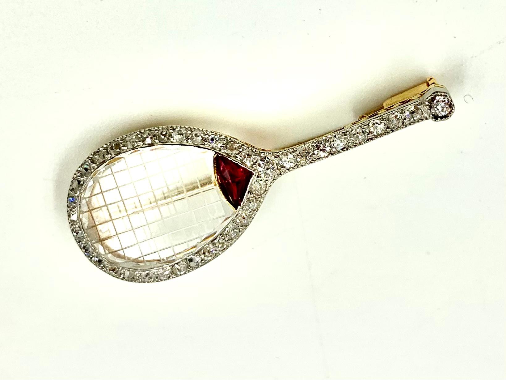 Mixed Cut French Art Deco Diamond Ruby Rock Crystal Platinum 18KGold Tennis Racquet Brooch For Sale