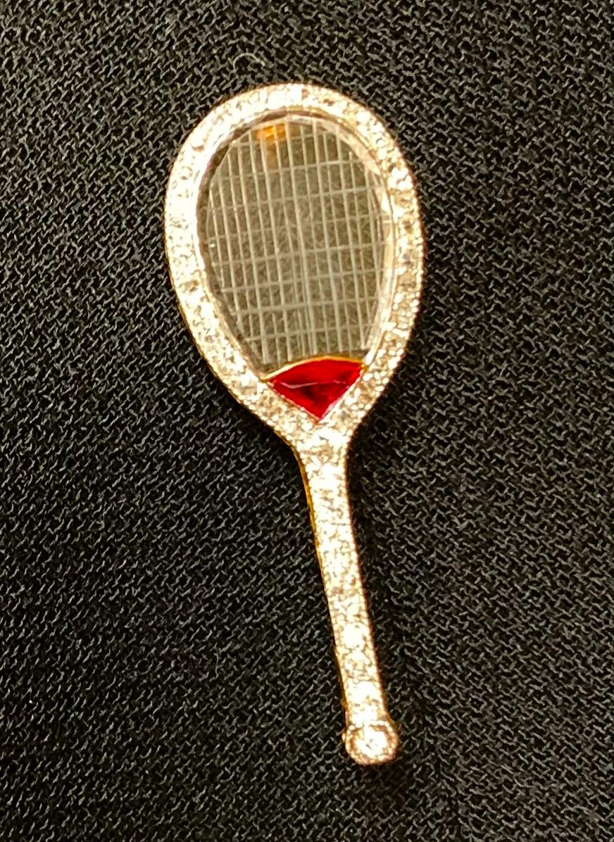 Women's or Men's French Art Deco Diamond Ruby Rock Crystal Platinum 18KGold Tennis Racquet Brooch For Sale