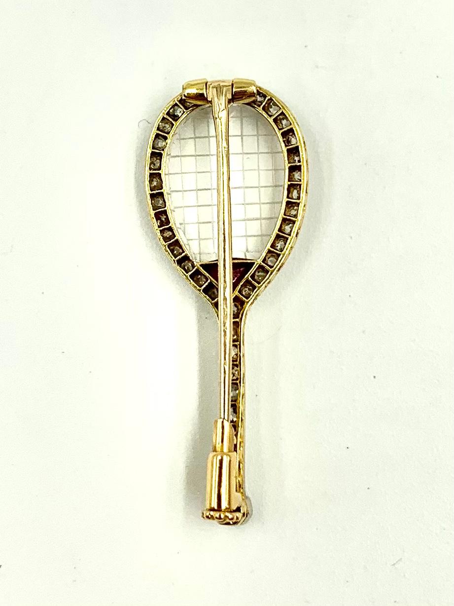 French Art Deco Diamond Ruby Rock Crystal Platinum 18KGold Tennis Racquet Brooch For Sale 1
