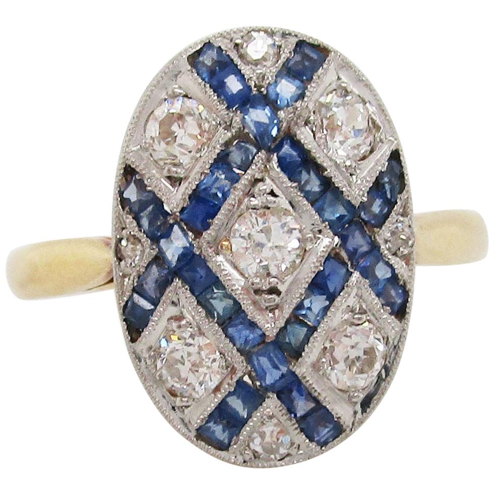 French Art Deco Diamond Sapphire Platinum on 18 Karat Gold Ring